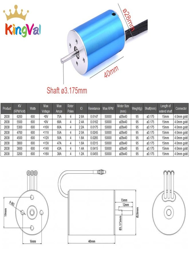KingVal Replacement 2838 4500KV Brushless Sensorless Motor Shaft 3.175mm Connector 4.0mm Compatible with 1/14 1/16 RC Car - Image 2